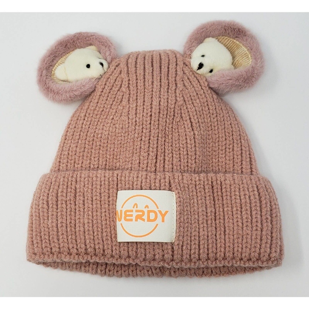 Women's Fuzzy Bear Wool Hat with ears - cute dusty pink color  -